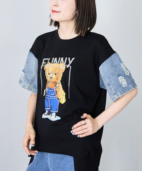 ドッキング Tシャツ デニム ビジュー くま 半袖 ゆったり 夏 秋 フリー