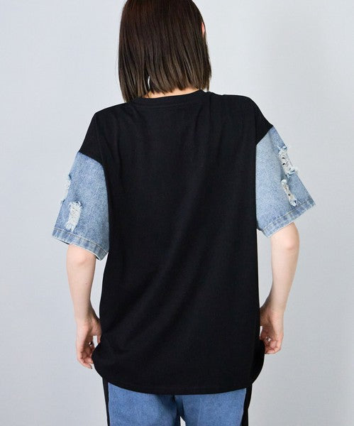 ドッキング Tシャツ デニム ビジュー くま 半袖 ゆったり 夏 秋 フリー