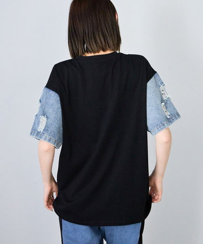 ドッキング Tシャツ デニム ビジュー くま 半袖 ゆったり 夏 秋 フリー