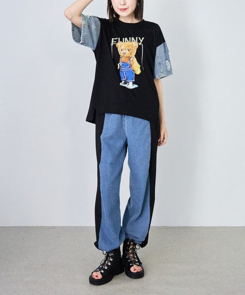 ドッキング Tシャツ デニム ビジュー くま 半袖 ゆったり 夏 秋 フリー