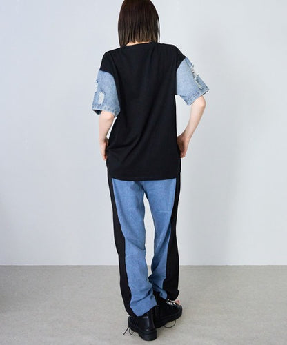 ドッキング Tシャツ デニム ビジュー くま 半袖 ゆったり 夏 秋 フリー