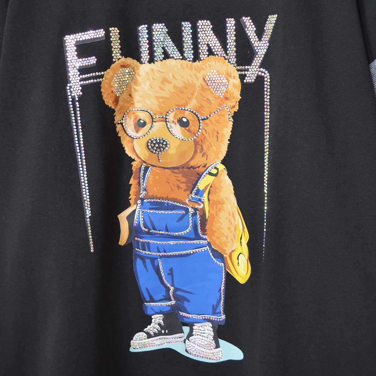 ドッキング Tシャツ デニム ビジュー くま 半袖 ゆったり 夏 秋 フリー
