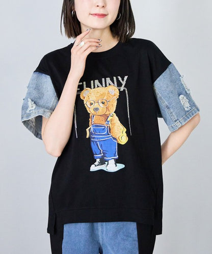 ドッキング Tシャツ デニム ビジュー くま 半袖 ゆったり 夏 秋 フリー