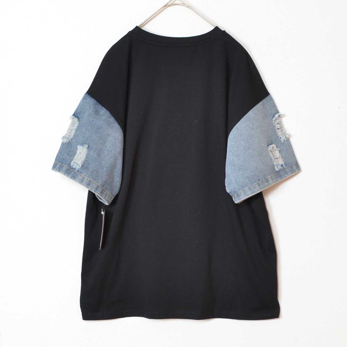 ドッキング Tシャツ デニム ビジュー くま 半袖 ゆったり 夏 秋 フリー