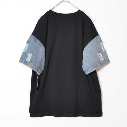 ドッキング Tシャツ デニム ビジュー くま 半袖 ゆったり 夏 秋 フリー