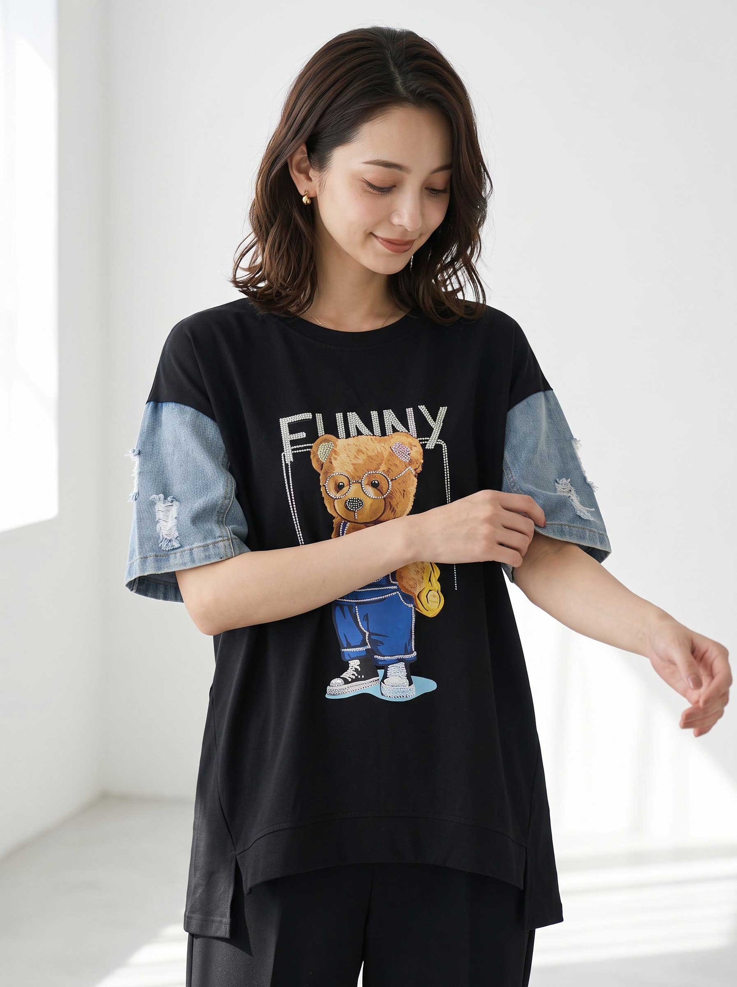 ドッキング Tシャツ デニム ビジュー くま 半袖 ゆったり 夏 秋 フリー