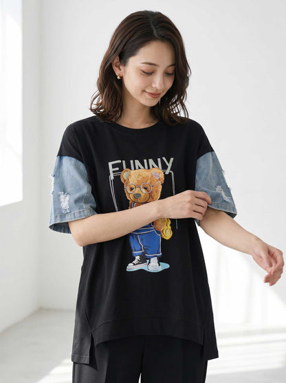 ドッキング Tシャツ デニム ビジュー くま 半袖 ゆったり 夏 秋 フリー