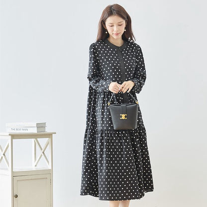 ワンピース ドット柄 スタンドカラー ティアード 前開き 羽織り ゆったり 秋 M L