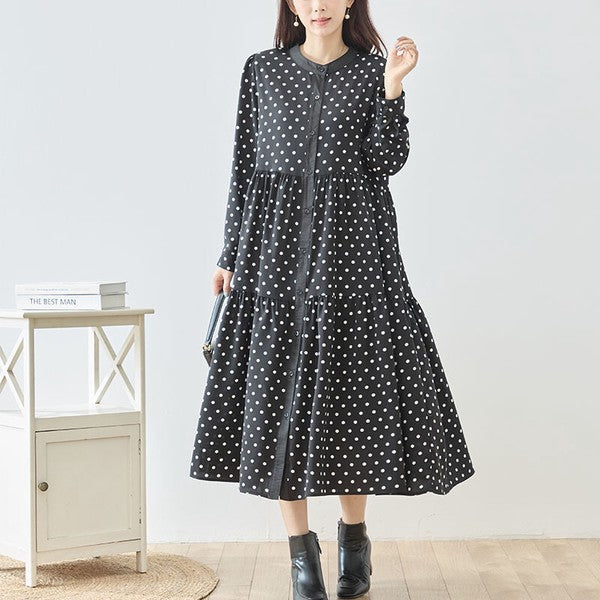 ワンピース ドット柄 スタンドカラー ティアード 前開き 羽織り ゆったり 秋 M L