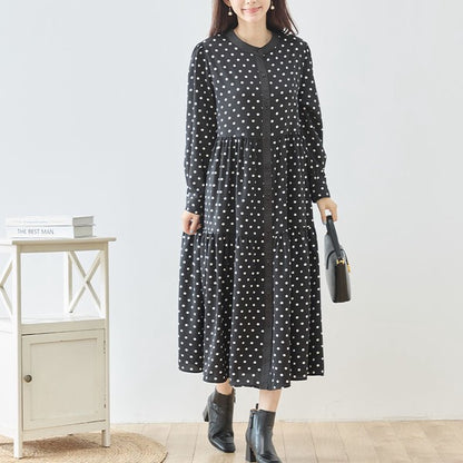 ワンピース ドット柄 スタンドカラー ティアード 前開き 羽織り ゆったり 秋 M L
