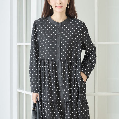 ワンピース ドット柄 スタンドカラー ティアード 前開き 羽織り ゆったり 秋 M L