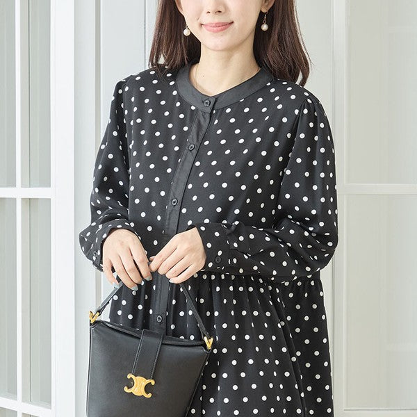 ワンピース ドット柄 スタンドカラー ティアード 前開き 羽織り ゆったり 秋 M L