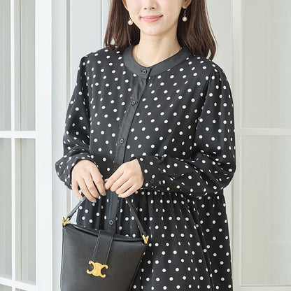 ワンピース ドット柄 スタンドカラー ティアード 前開き 羽織り ゆったり 秋 M L