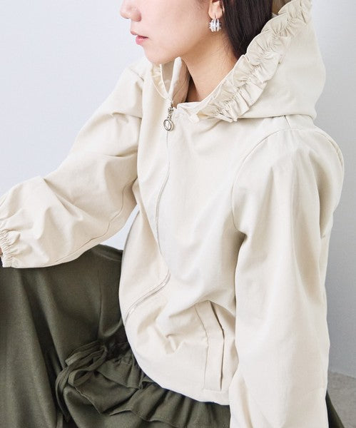 ジャケット ブルゾン フード付き フリル ジップアップ 長袖 無地 秋 冬 F