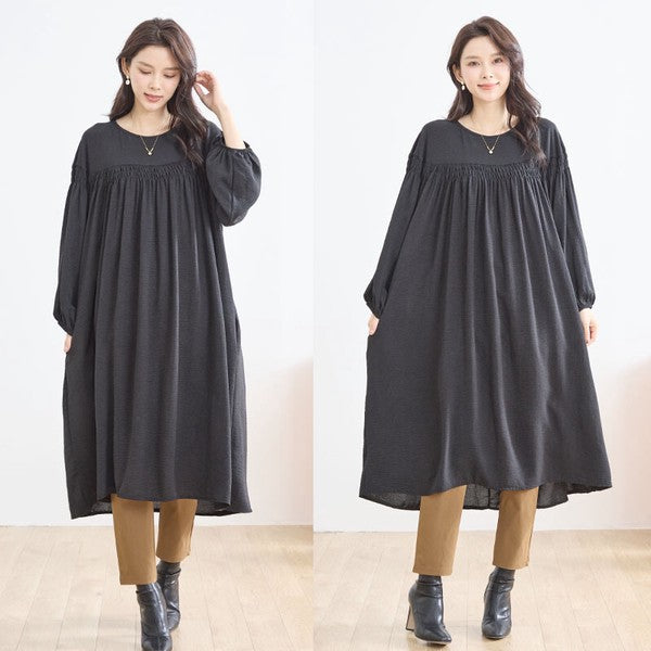 ワンピース ヨークギャザー スモック ロング 長袖 ゆったり 体型カバー 秋 L LL
