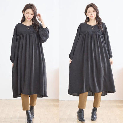 ワンピース ヨークギャザー スモック ロング 長袖 ゆったり 体型カバー 秋 L LL
