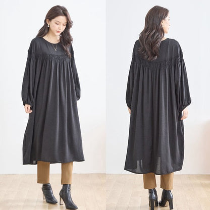 ワンピース ヨークギャザー スモック ロング 長袖 ゆったり 体型カバー 秋 L LL
