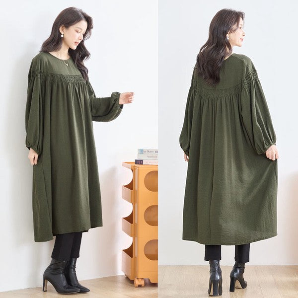 ワンピース ヨークギャザー スモック ロング 長袖 ゆったり 体型カバー 秋 L LL