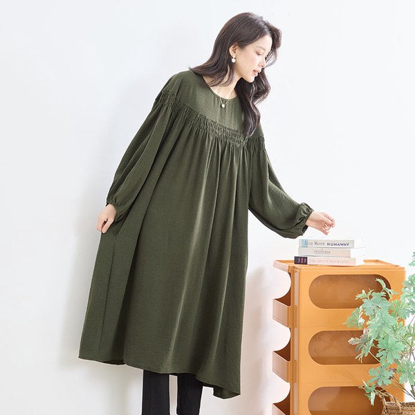ワンピース ヨークギャザー スモック ロング 長袖 ゆったり 体型カバー 秋 L LL
