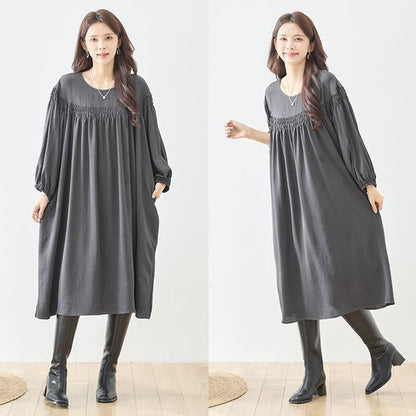 ワンピース ヨークギャザー スモック ロング 長袖 ゆったり 体型カバー 秋 L LL