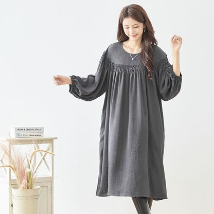 ワンピース ヨークギャザー スモック ロング 長袖 ゆったり 体型カバー 秋 L LL