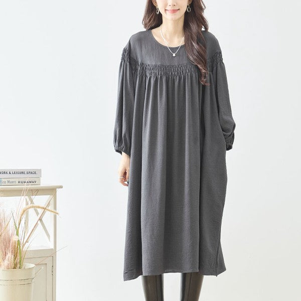 ワンピース ヨークギャザー スモック ロング 長袖 ゆったり 体型カバー 秋 L LL