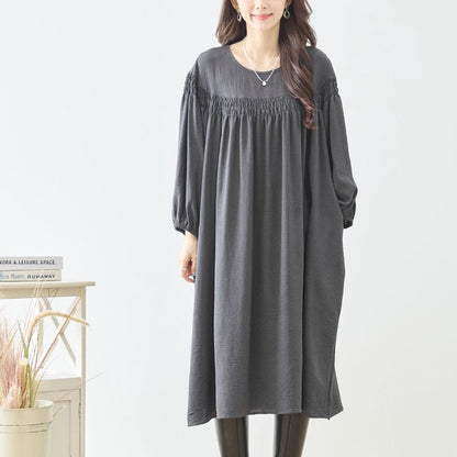 ワンピース ヨークギャザー スモック ロング 長袖 ゆったり 体型カバー 秋 L LL