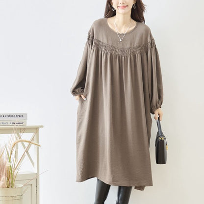 ワンピース ヨークギャザー スモック ロング 長袖 ゆったり 体型カバー 秋 L LL