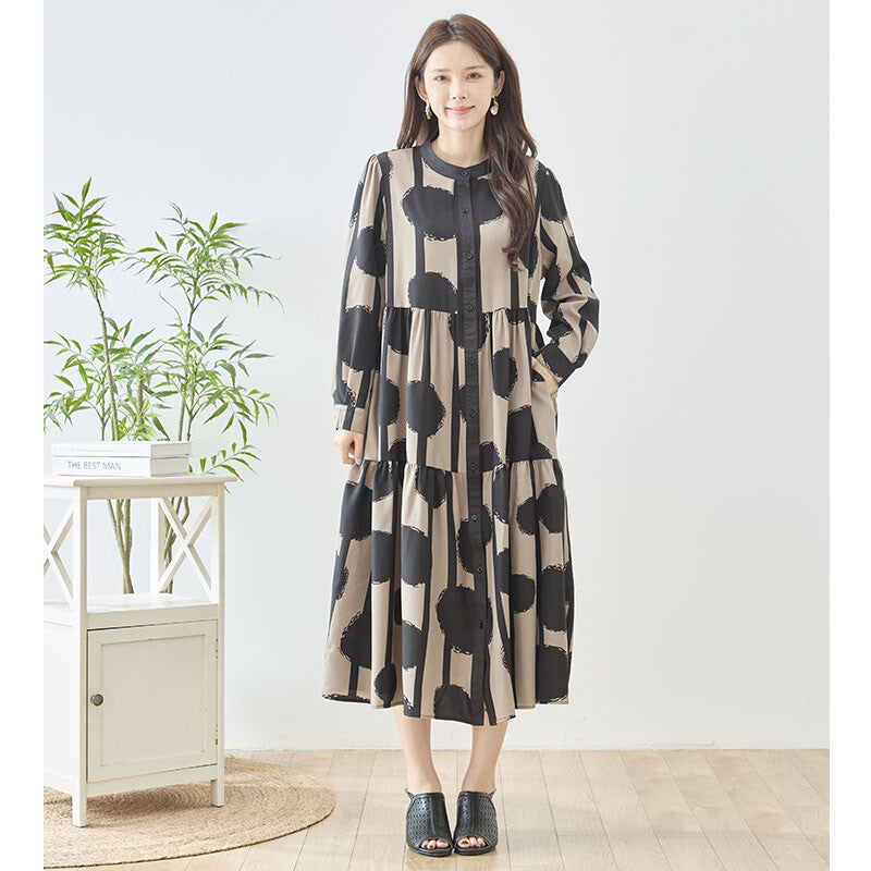ワンピース アートドット ティアード シャツワンピース スタンドカラー ゆったり 秋 M～L