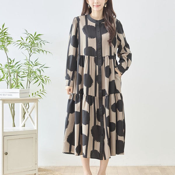 ワンピース アートドット ティアード シャツワンピース スタンドカラー ゆったり 秋 M～L