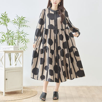 ワンピース アートドット ティアード シャツワンピース スタンドカラー ゆったり 秋 M～L