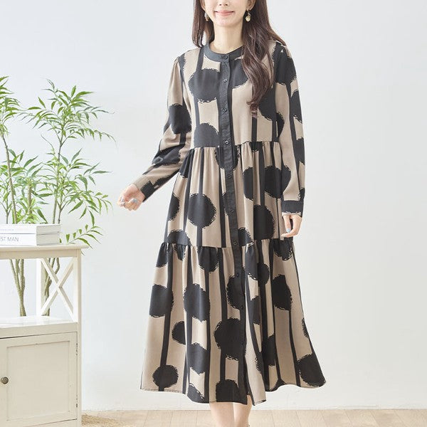 ワンピース アートドット ティアード シャツワンピース スタンドカラー ゆったり 秋 M～L