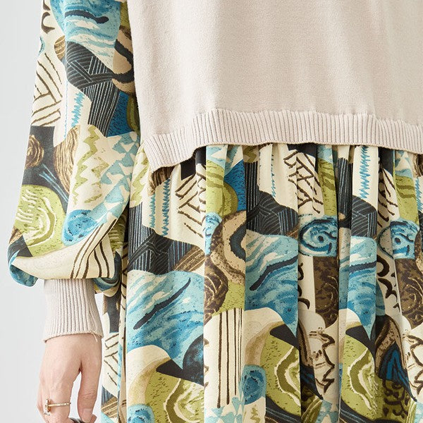 ワンピース ニットドッキング 幾何学柄 切替 長袖 ゆったり 秋冬 M L