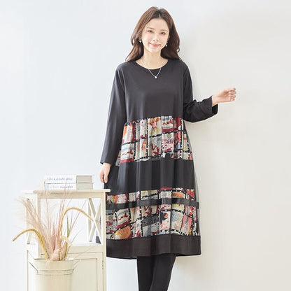 ワンピース 異素材切替 アート コラージュ柄 ドッキング ゆったり 秋冬 M～L