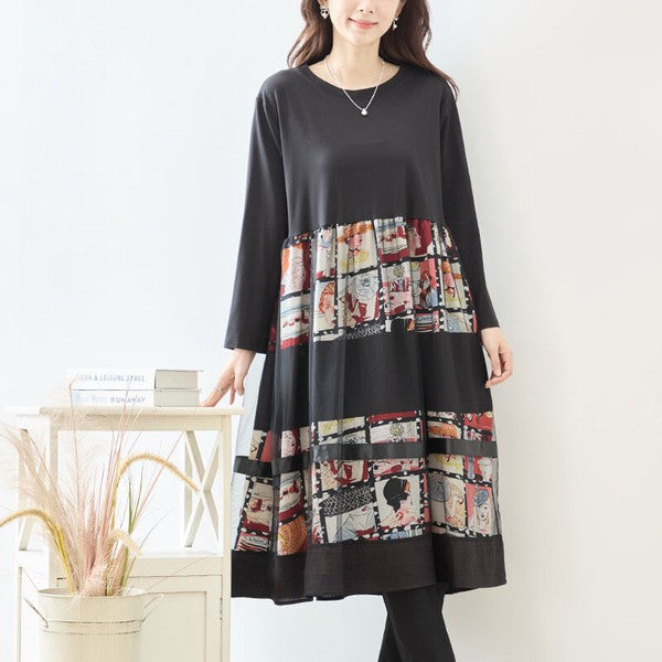 ワンピース 異素材切替 アート コラージュ柄 ドッキング ゆったり 秋冬 M～L