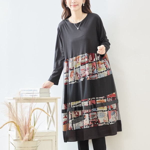 ワンピース 異素材切替 アート コラージュ柄 ドッキング ゆったり 秋冬 M～L