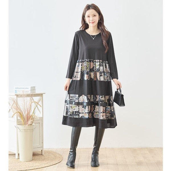ワンピース 異素材切替 アート コラージュ柄 ドッキング ゆったり 秋冬 M～L