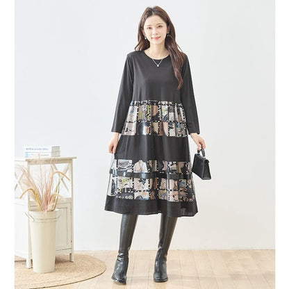 ワンピース 異素材切替 アート コラージュ柄 ドッキング ゆったり 秋冬 M～L