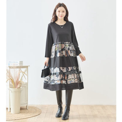 ワンピース 異素材切替 アート コラージュ柄 ドッキング ゆったり 秋冬 M～L