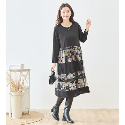 ワンピース 異素材切替 アート コラージュ柄 ドッキング ゆったり 秋冬 M～L