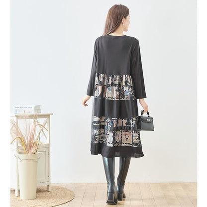 ワンピース 異素材切替 アート コラージュ柄 ドッキング ゆったり 秋冬 M～L