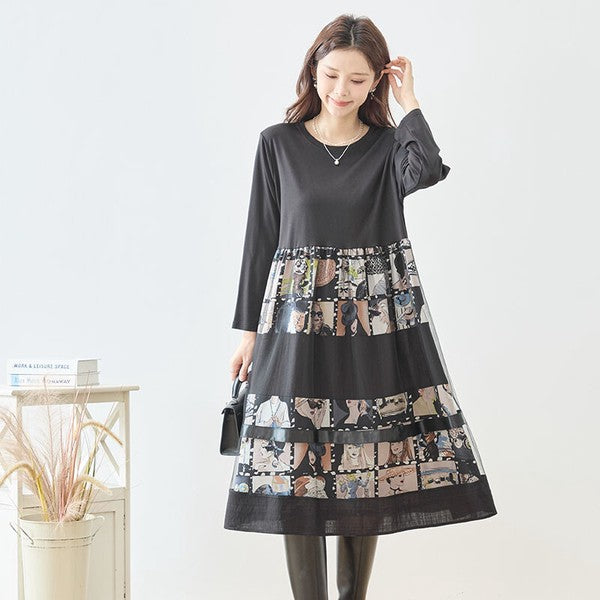 ワンピース 異素材切替 アート コラージュ柄 ドッキング ゆったり 秋冬 M～L