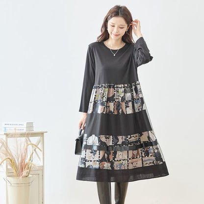 ワンピース 異素材切替 アート コラージュ柄 ドッキング ゆったり 秋冬 M～L