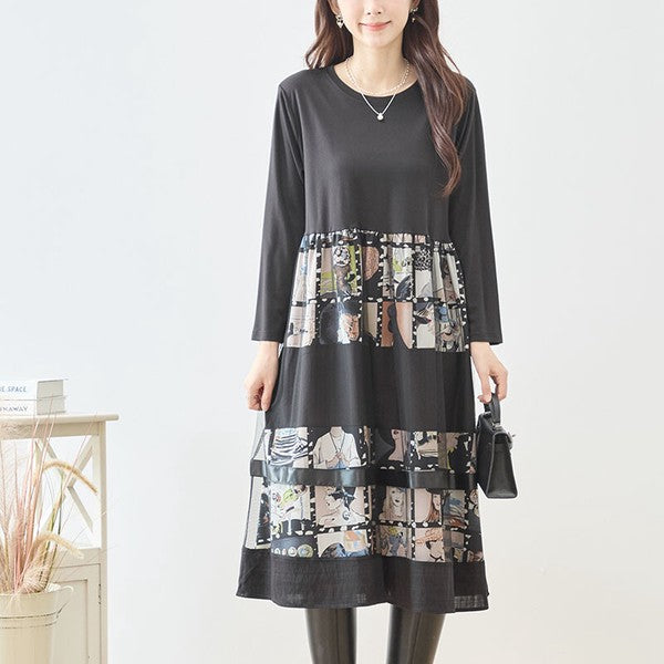 ワンピース 異素材切替 アート コラージュ柄 ドッキング ゆったり 秋冬 M～L