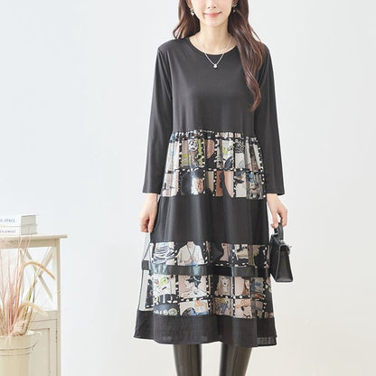 ワンピース 異素材切替 アート コラージュ柄 ドッキング ゆったり 秋冬 M～L