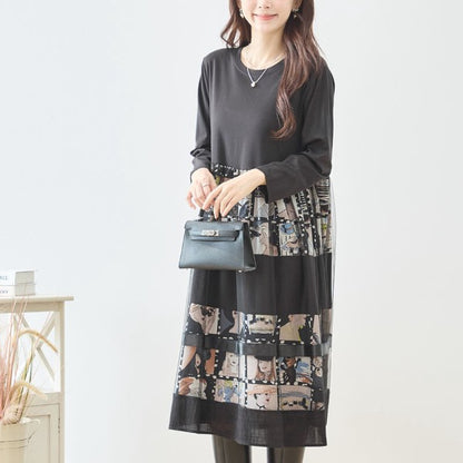 ワンピース 異素材切替 アート コラージュ柄 ドッキング ゆったり 秋冬 M～L