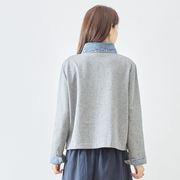 トップス カーディガン デニム切替 異素材 ボウタイ リボン ゆったり 体型カバー 秋 冬 M L
