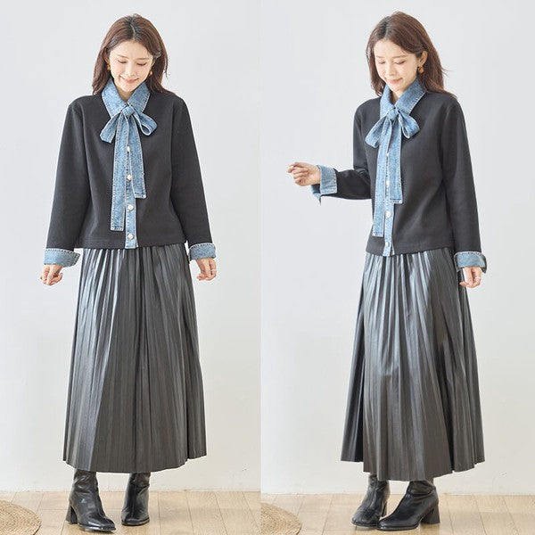 トップス カーディガン デニム切替 異素材 ボウタイ リボン ゆったり 体型カバー 秋 冬 M L