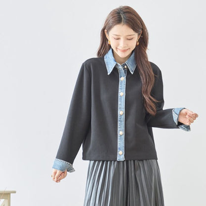 トップス カーディガン デニム切替 異素材 ボウタイ リボン ゆったり 体型カバー 秋 冬 M L