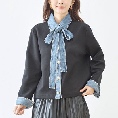 トップス カーディガン デニム切替 異素材 ボウタイ リボン ゆったり 体型カバー 秋 冬 M L